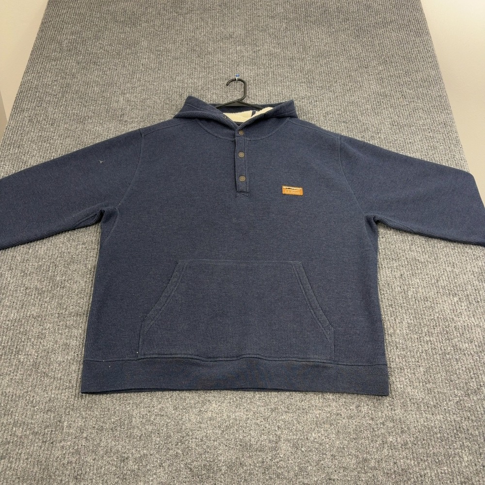 LL Bean Hoodie Mens XL Blue Polyester Cotton Waffle Knit Quarter Button Gorpcore
